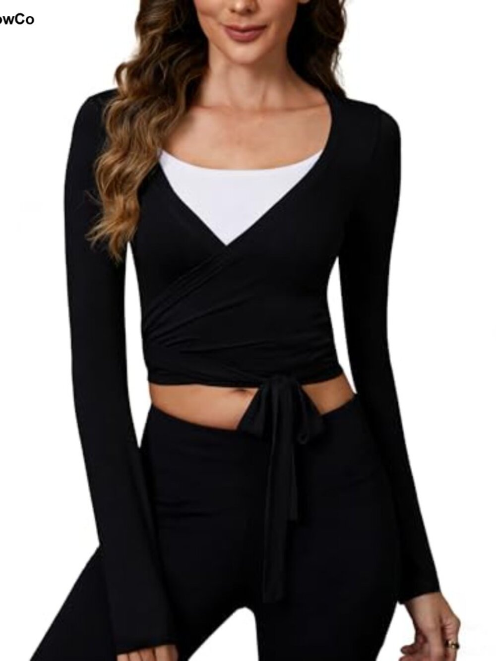 Modal Elastane Wrap Top V-Neck Tie Long Sleeve Ballet Pilates Yoga